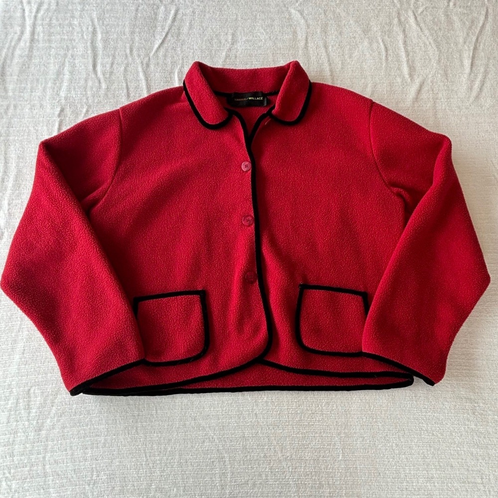 Vintage Harris / Wallace Red Fleece Jacket with Black Velvet Trim